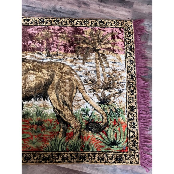 Large Vintage Lion Fringed Tapestry or Rug, 74 inches by 47 inches - Picture 4 of 9